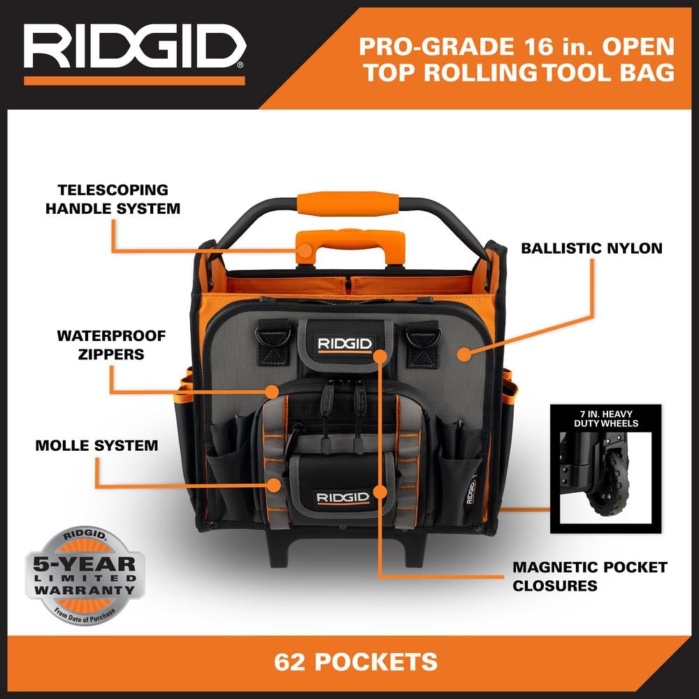 17 in. 62 Pocket Professional Grade Open Top Rolling Tool Bag - Hercitys