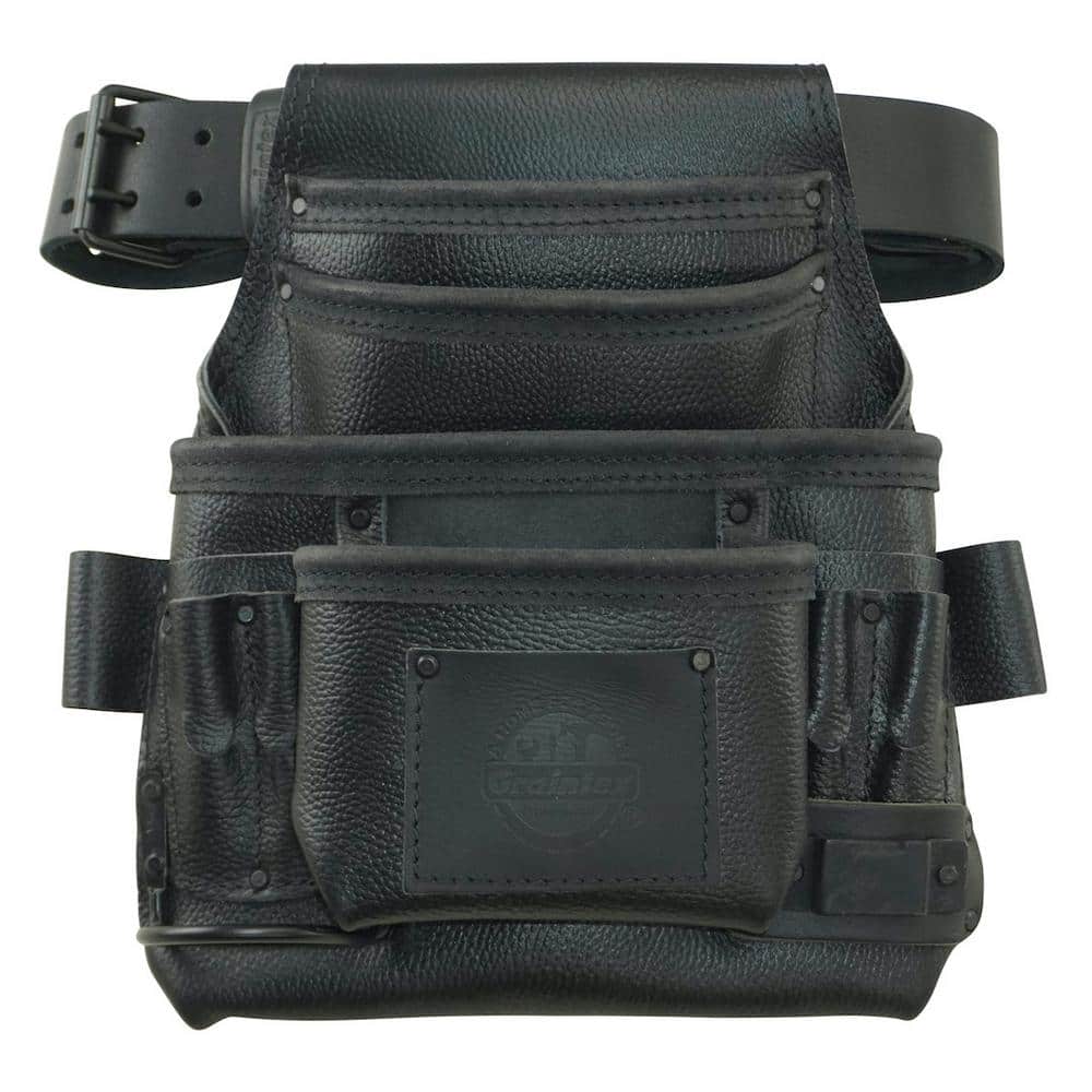 10-Pocket Black Rugged Top Grain Leather Tool Pouch with 2 in. Belt - Hercitys
