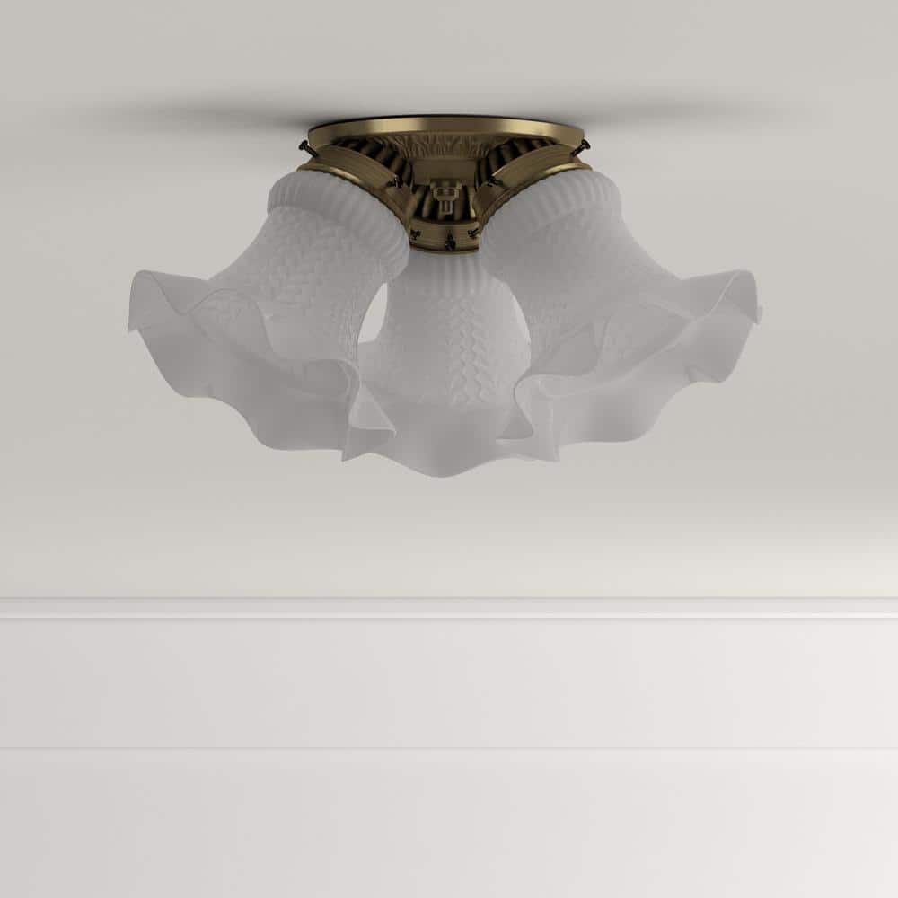 3-Light Ceiling Fixture Antique Brass Interior Flush-Mount with Frosted Ruffled Edge Glass - Hercitys
