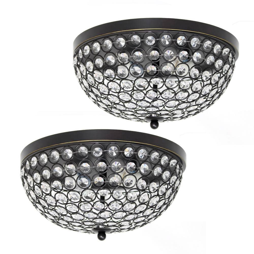 13 in. 2 Light Elipse Crystal Flush Mount Ceiling Light 2 Pack, Restoration Bronze - Hercitys