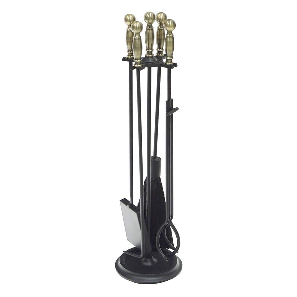 30.25 in. Tall 5-Piece Antique Brass and Black Chelmsford Fireplace Tool Set - Hercitys