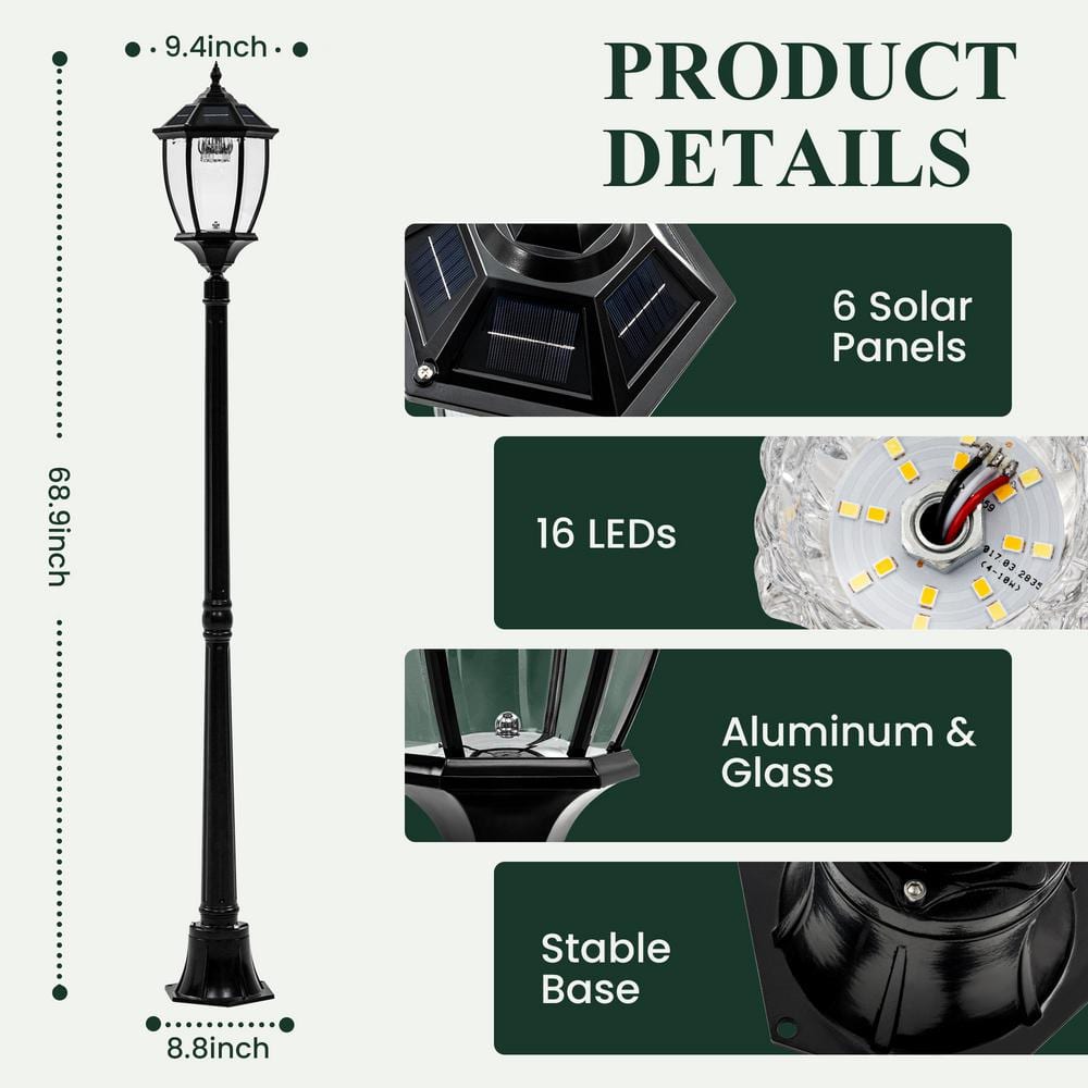 1-Light Black Aluminum Outdoor Weather Resistance LED Solar Lamp Post Light Set - Hercitys