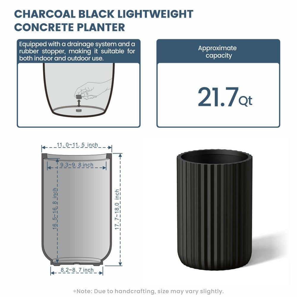 11.5 in. Large Charcoal Black Concrete Round Planter / Pot with Drainage Holes - Hercitys