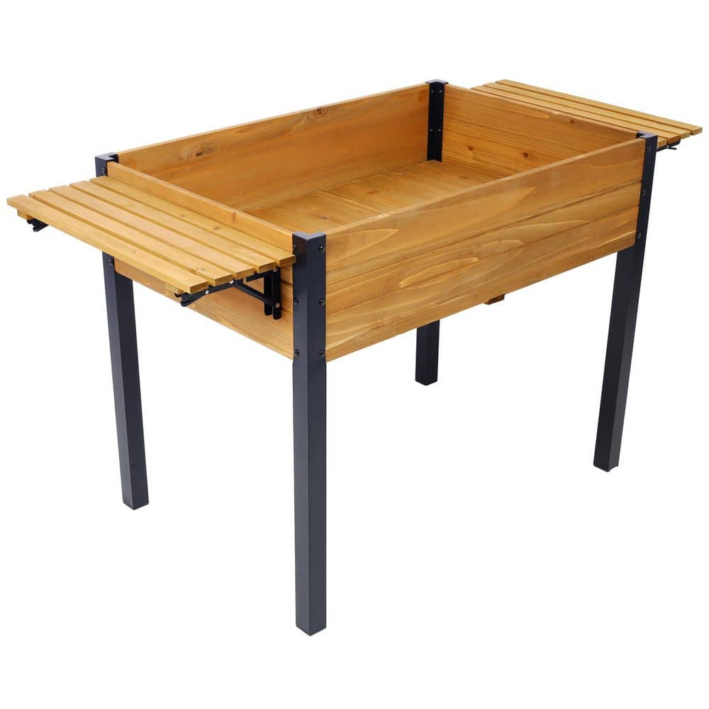 52.7 in. W x 29.5 in. H Brown Wood Raised Planter Boxes, Raised Garden Bed, with Folding Storage Shelf and Metal Leg - Hercitys