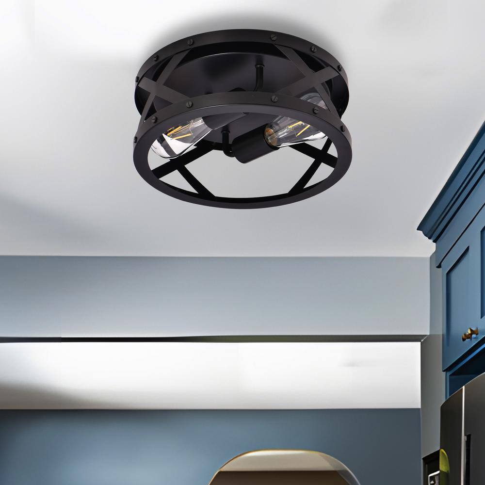 11.8 in. 2-Light Matte Black Flush Mount with Drum Shape - Hercitys