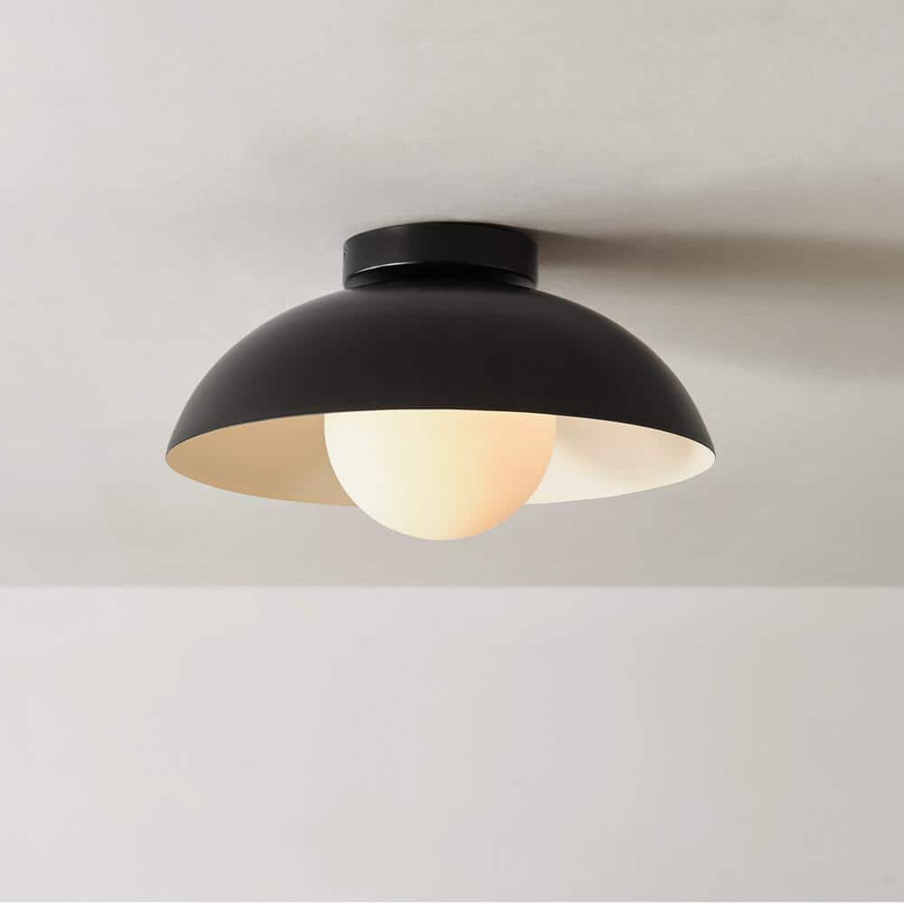13 in. 1-Light Matte Black Flush Mount Ceiling Light with White Opal Glass Shade - Hercitys