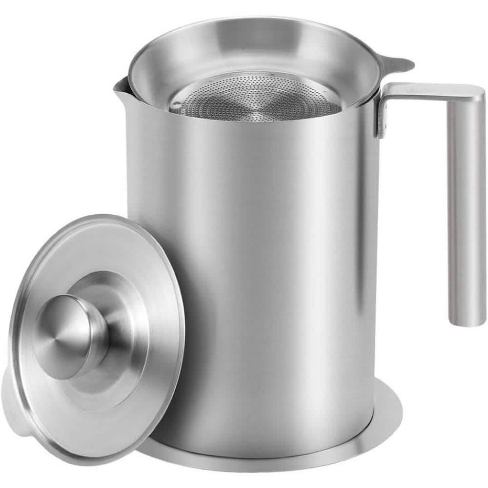 1.8 L/1.9 qt. Stainless Steel Grease Strainer  and  Container with Dust-Proof Lid  and  Easy Grip Handle in Silver - Hercitys