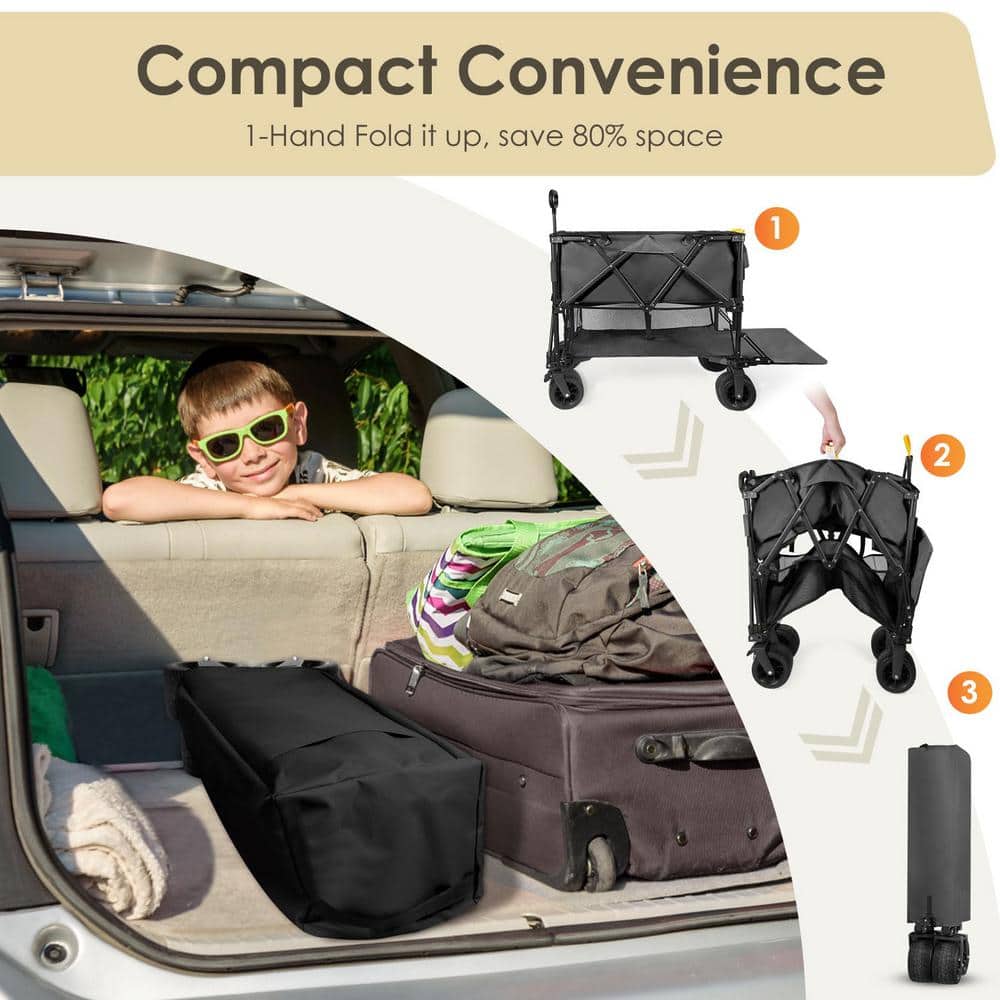 10 cu. ft. Black Metal Garden Cart Double Decker Wagon Cart with Wheels Foldable, 400 l Large Capacity Collapsible Wagon - Hercitys