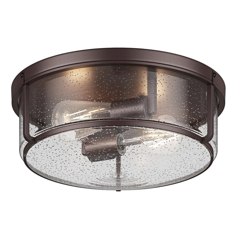 14.17 in. 2-Light Industrial Oil Rubbed Bronze Flush Mount Ceiling Light Fixture with Glass Shade - Hercitys