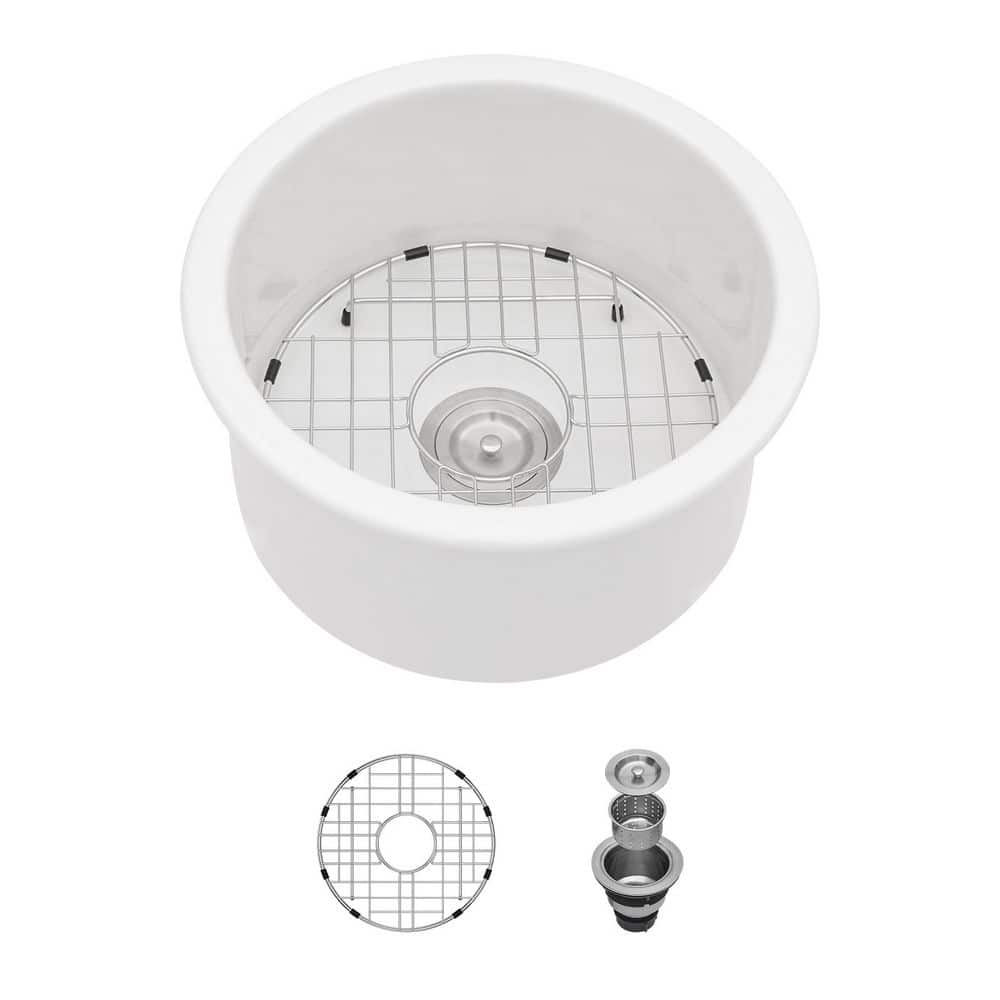 18 in. Undermount Single Bowl Round White Ceramic Kitchen Sink with Bottom Grid and Strainer - Hercitys