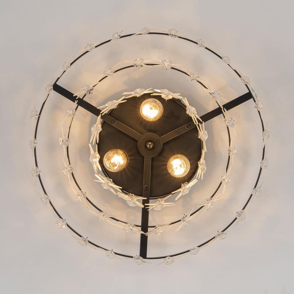 12.6 in. 3-Light Modern Black Semi-Flush Mount Ceiling Light with Crystal Shade - Hercitys