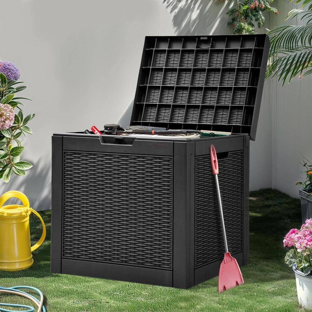 32 Gal. Black Water Resistant Resin Deck Box with Lockable Lid and Side Handles - Hercitys