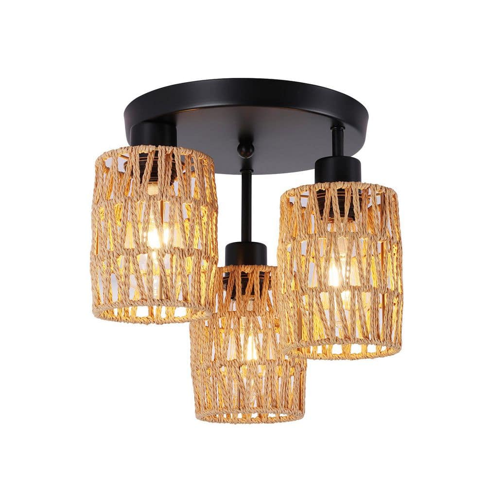 11.8 in. 3-Light Brown and Black Rustic Rattan Semi-Flush Mount for Hallway Entrance Dining Room Bedroom - Hercitys