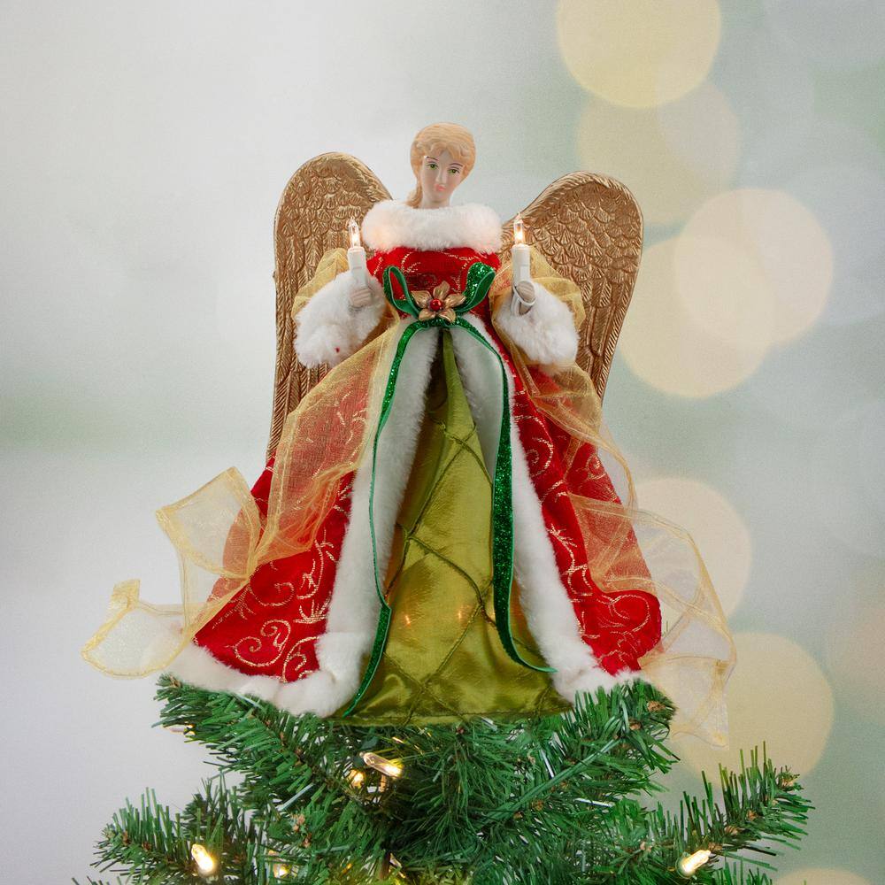 12 in. Lighted Red and Green Angel with Wings Christmas Tree Topper – Clear Lights - Hercitys