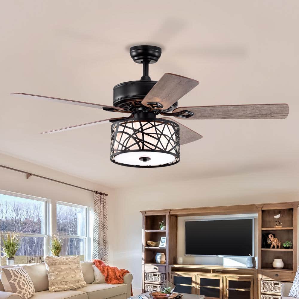 52 in. Farmhouse Indoor/Outdoor Matte Black 3-Speeds Low Profile Ceiling Fan with Light and Remote Control - Hercitys