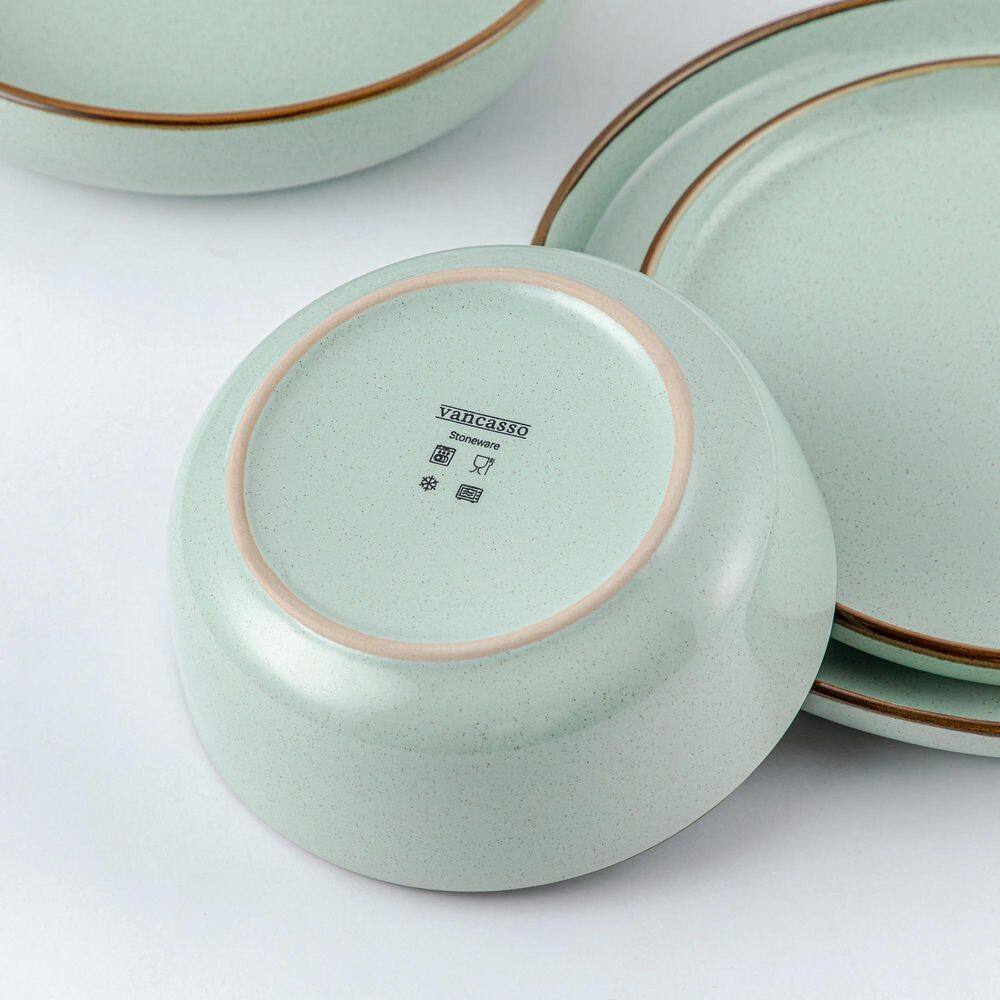 16-Piece Jade Green Stoneware Dinnerware Set (Service for 4) Sesame Speckles Pattern Dinner Set with Plates and Bowls - Hercitys