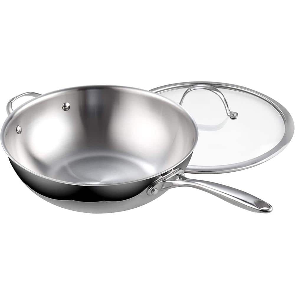 12 in. Multi-Ply Clad Stainless Steel Wok with Lid, Silver, Induction Compatible - Hercitys