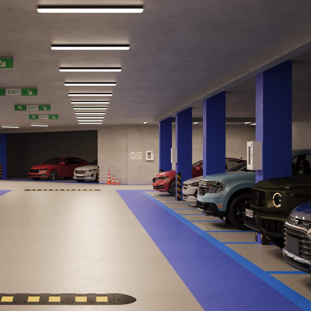 46 in Vapor Tight LED Flush Mount Light, Motion Sensor, 90 Min Emergency Backup, Wet Rated, 5CCT, 0-10V, 55W, 6000 Lumen - Hercitys