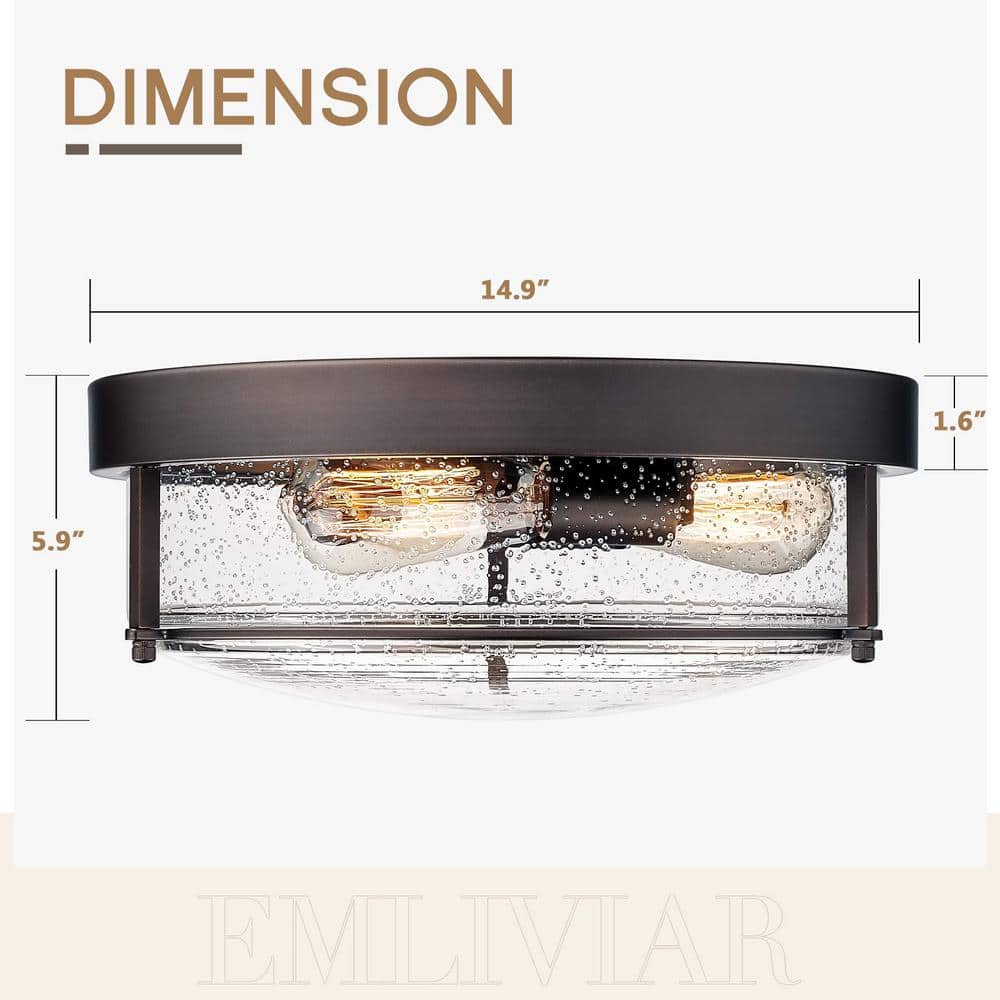 15 in. 2-Light Oil Rubbed Bronze Flush Mount with Seed Glass Shade and No Bulbs Included - Hercitys