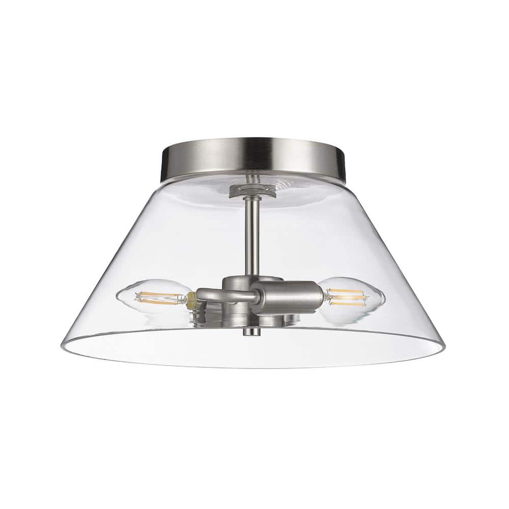 12 in. 2-Light Satin Nickel Contemporary Flush Mount with Clear Glass Shade and No Bulbs Included - Hercitys