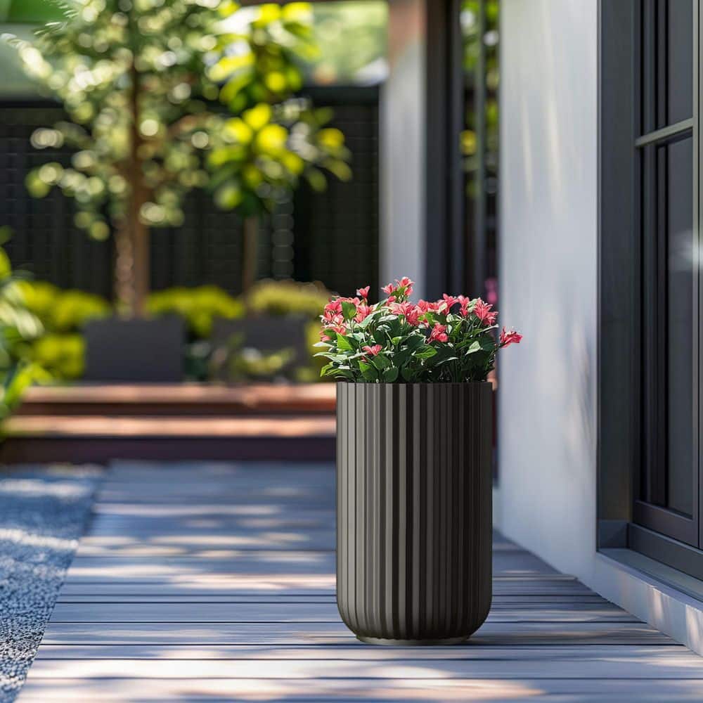 11.5 in. Large Charcoal Black Concrete Round Planter / Pot with Drainage Holes - Hercitys
