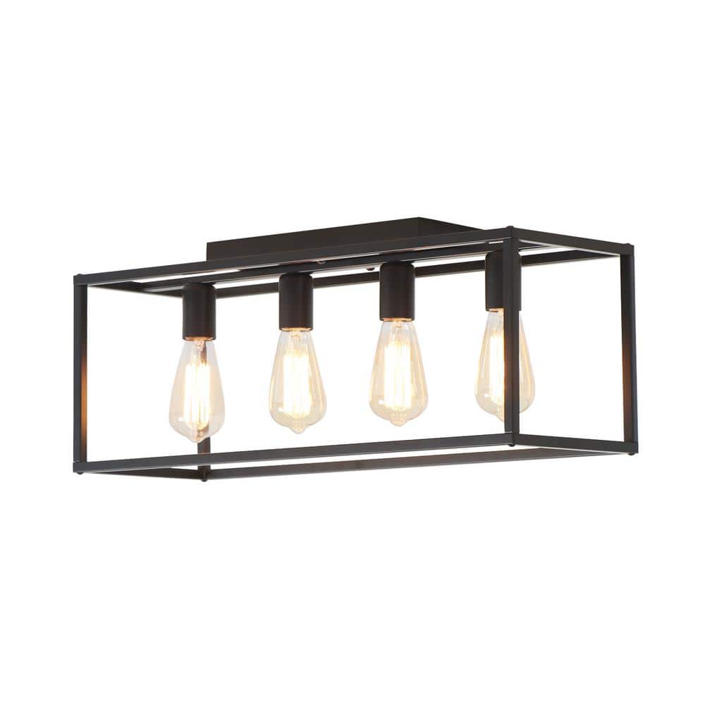 24 in. 4-Light Farmhouse Black Rectangle Cage Flush Mount with E26 Base for Bedroom Dining Room - Hercitys