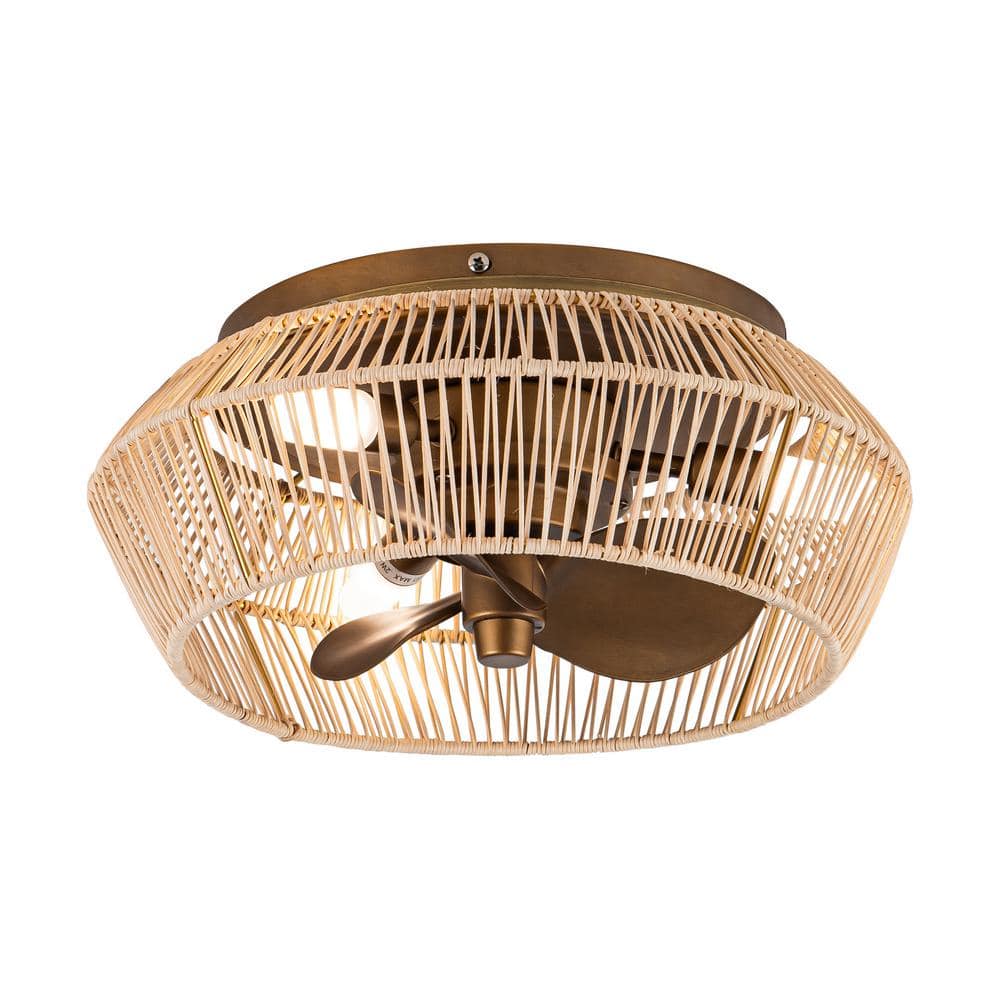 13.5 in. Indoor Antique Brushed Gold Cage Flush Mount Ceiling Fan with Light and Remote - Hercitys