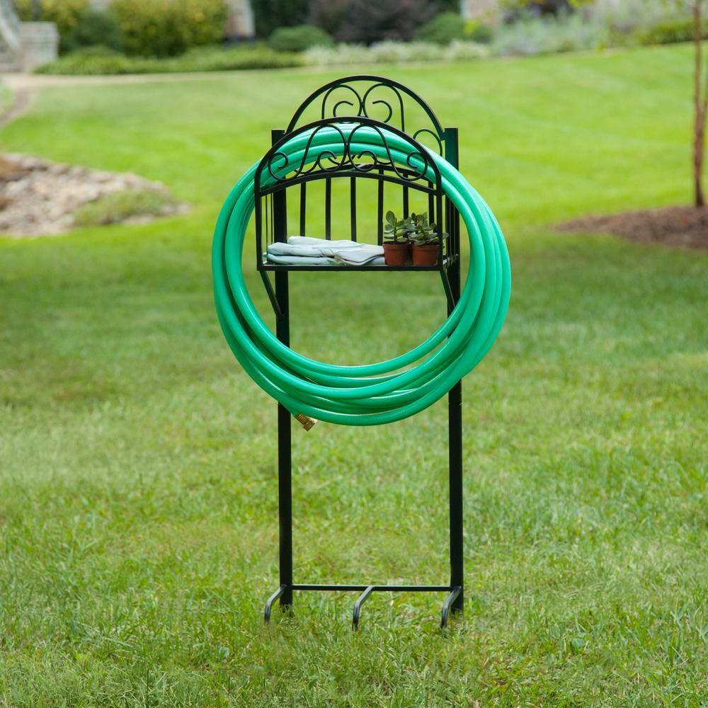 5-Prong Gauge Steel Scroll Water Hose Stand with Storage Shelf - Hercitys