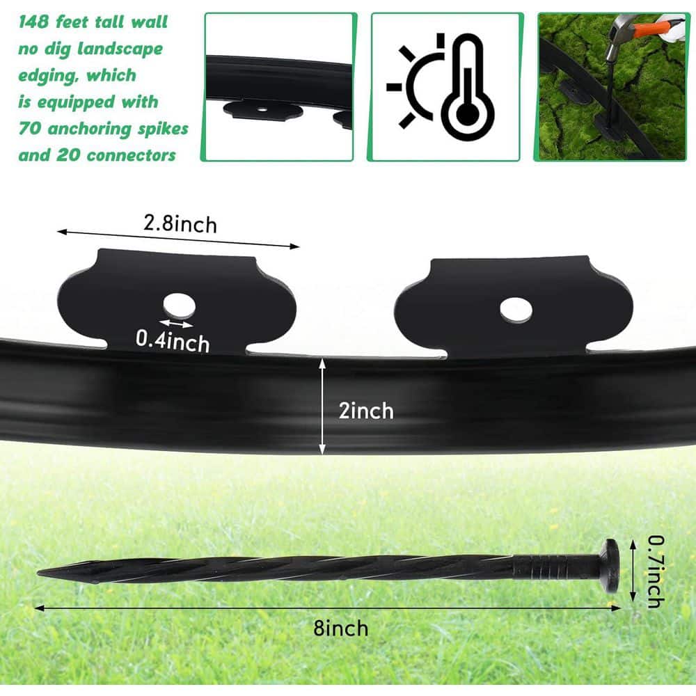 148 ft. x 2 in. No Dig Black Plastic Border Landscape Edging Kit with 70 Spikes and 20 Connectors - Hercitys