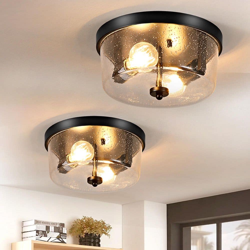 10.63 in. 2-Light Matte Black Flush Mount with Seeded Glass Drum Shade(2-Pack) - Hercitys