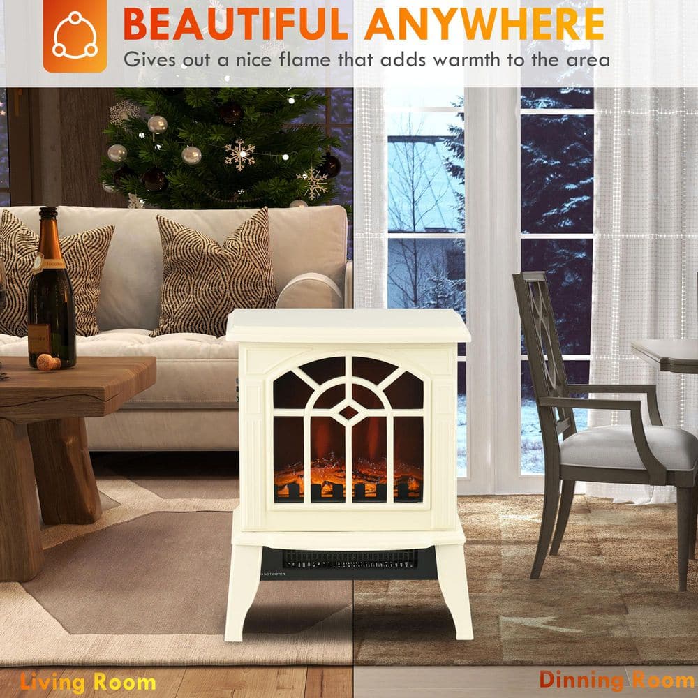 14.25 in. Freestanding Electric Fireplace in Cream White w/ Realistic Logs and LED Flame, Overheat Protection 750W/1500W - Hercitys