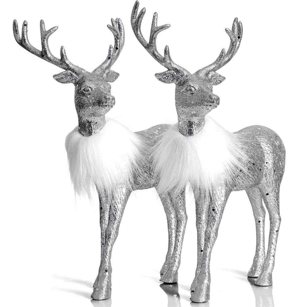 12 in. Silver Glitter Christmas Reindeer – Holiday Deer Figurine Statues Dinner Table Decor Centerpiece (Set of 2) - Hercitys