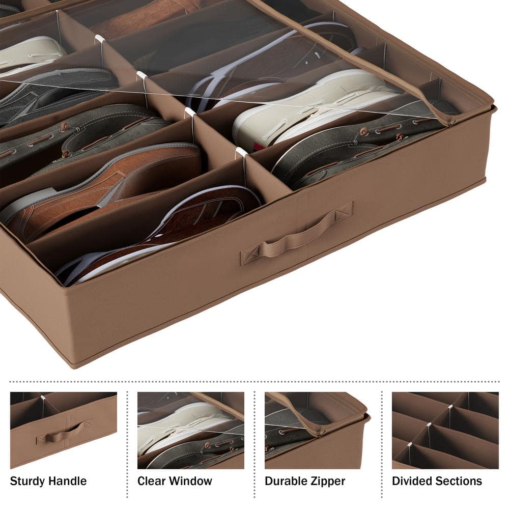 27 in. x 24 in. 12-Pair Brown Fabric Underbed Shoe Storage - Hercitys