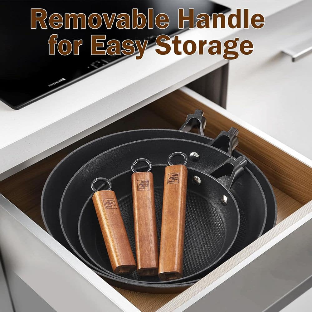 10 in. Cast Iron Nonstick Frying Pan Skillet with Detachable Acacia Wooden Handle, Honeycomb Non Stick Omelet Egg Pan - Hercitys