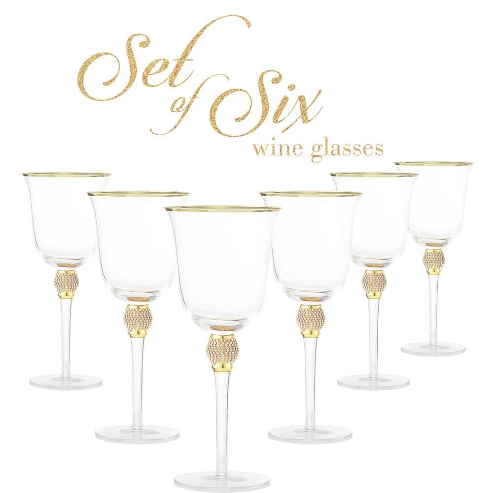 (Set of 6) Luxurious Rose and White 18 oz. Wine Glass with Dazzling Rhinestone Design and Gold tone Rim - Hercitys