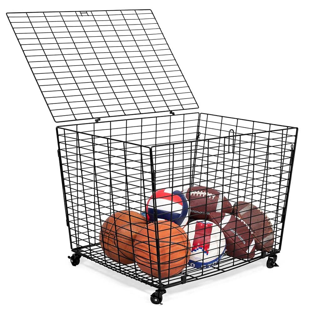 1-Tier Home Black Metal Sports Ball Basket Organizer Garage Storage Shelving Unit with Heavy Duty Casters - Hercitys