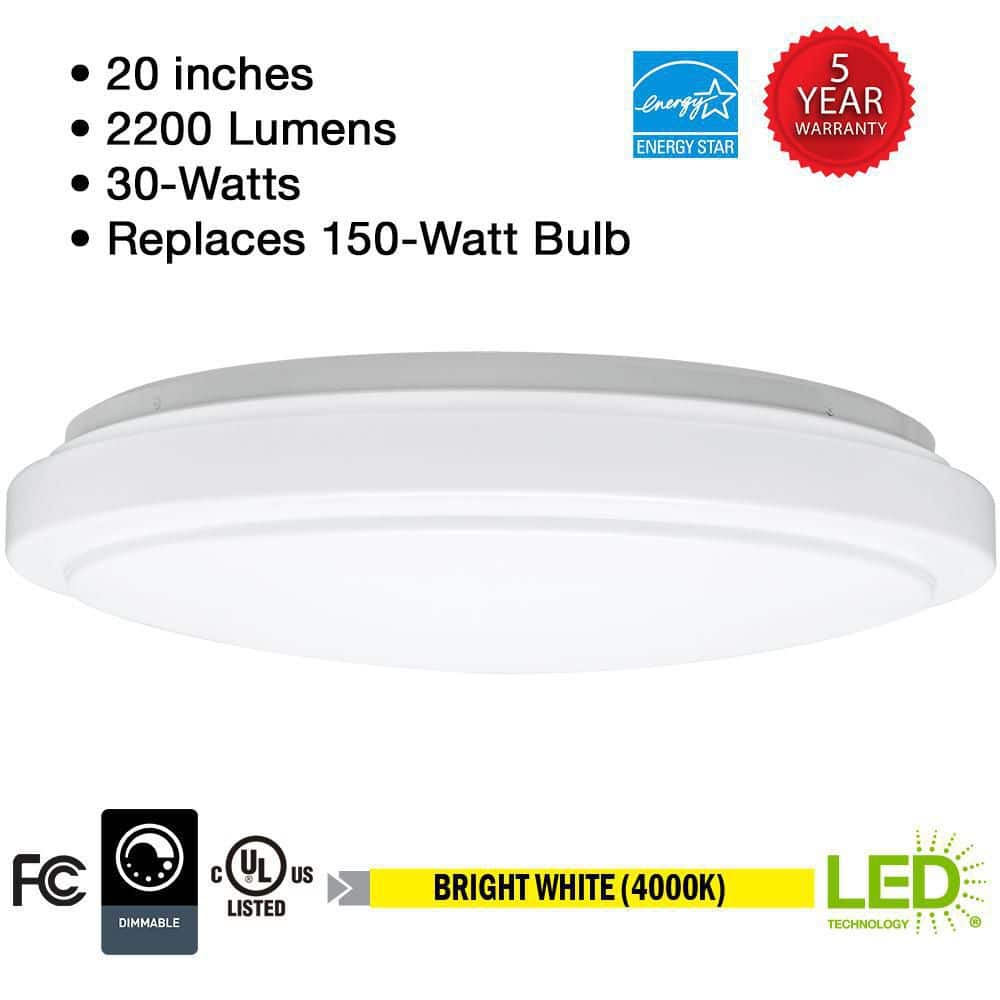 20 in. White Round LED Flush Mount Ceiling Light 2200 Lumens 4000K Bright White Dimmable Bedroom Basement Garage - Hercitys