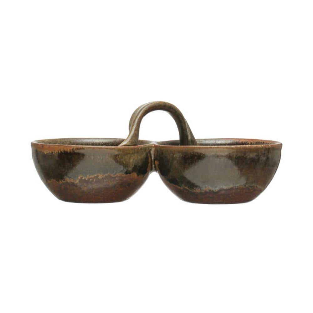 3.87 in. x 7.75 in. 2-Compartment Brown Reactive Glaze Stoneware Divided Serving Dishes - Hercitys