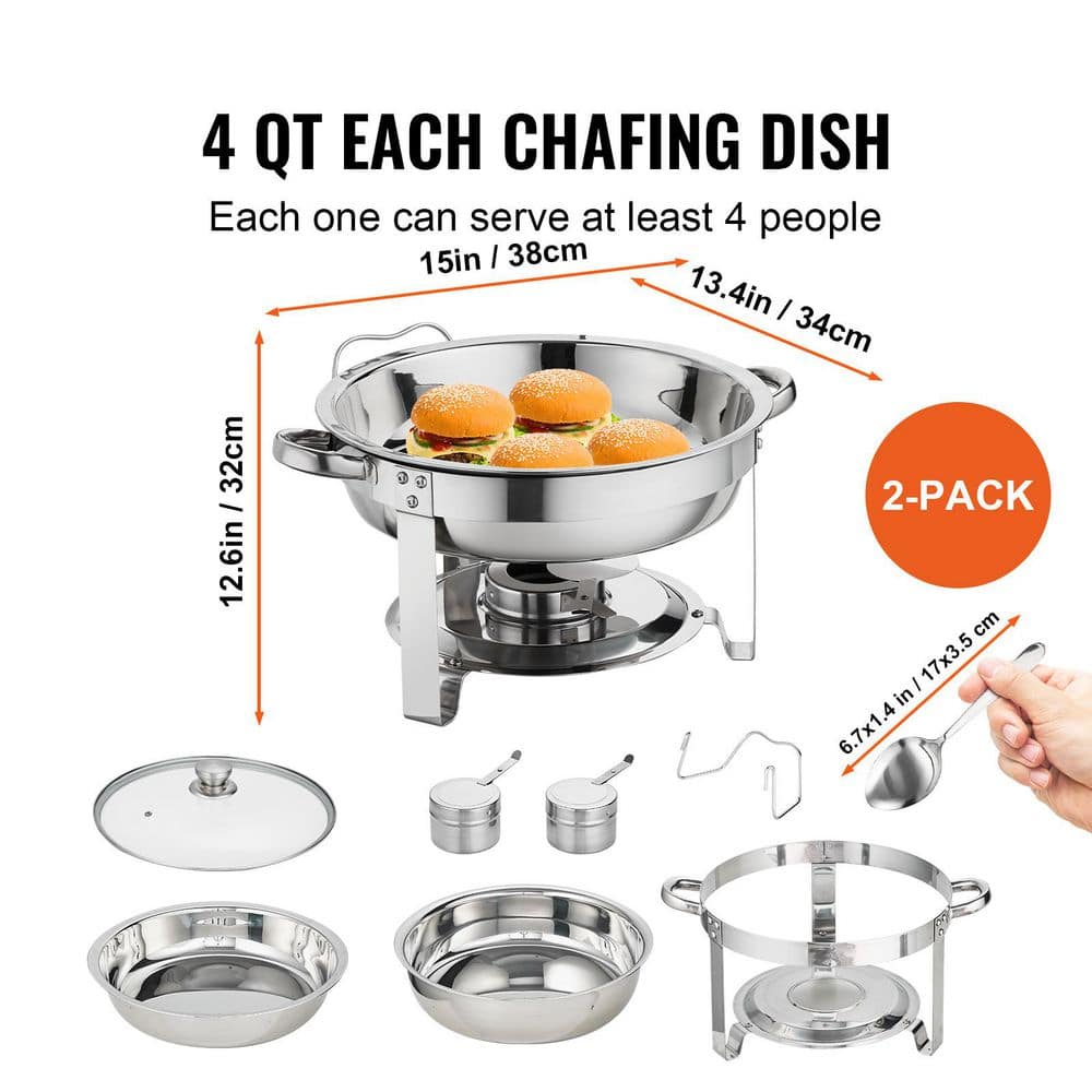 2-Pack Round Chafing Dish Set with Full-Size Stainless Steel, 4 qt. Pan Glass Lid Fuel Holder - Hercitys