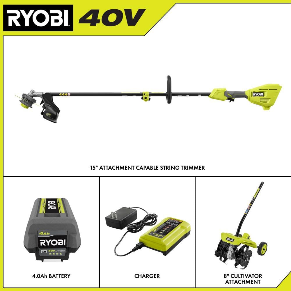 40V 15 in. Expand-It Cordless Battery Attachment Capable String Trimmer & Tiller with 4.0 Ah Battery and Charger - Hercitys