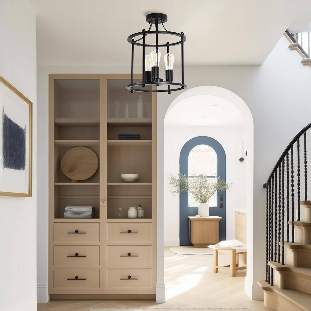 3-Light 13 in. Black Cage Semi-Flush Mount Ceiling Light, Vintage Farmhouse Fixture for Dining Room and Hallway - Hercitys