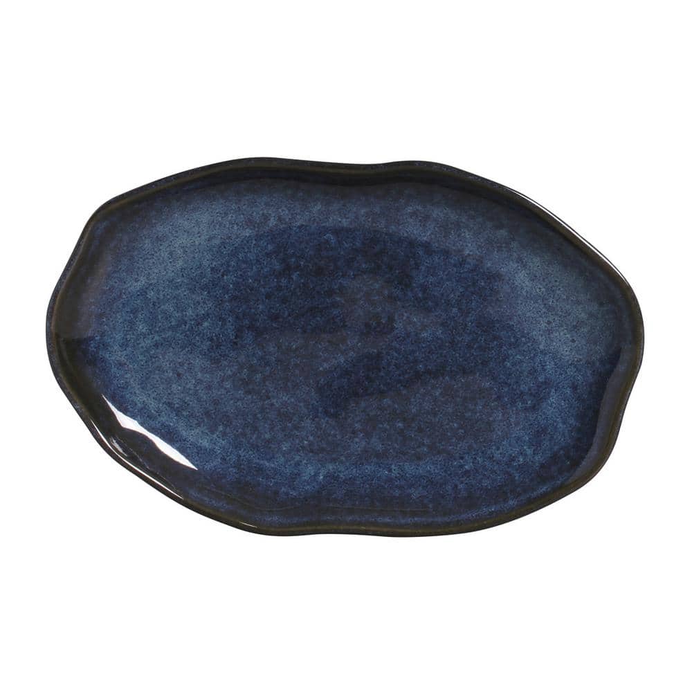 11.81 in. Denim Dark Blue Stoneware Shallow Oval Platter Medium (Set of 4) - Hercitys