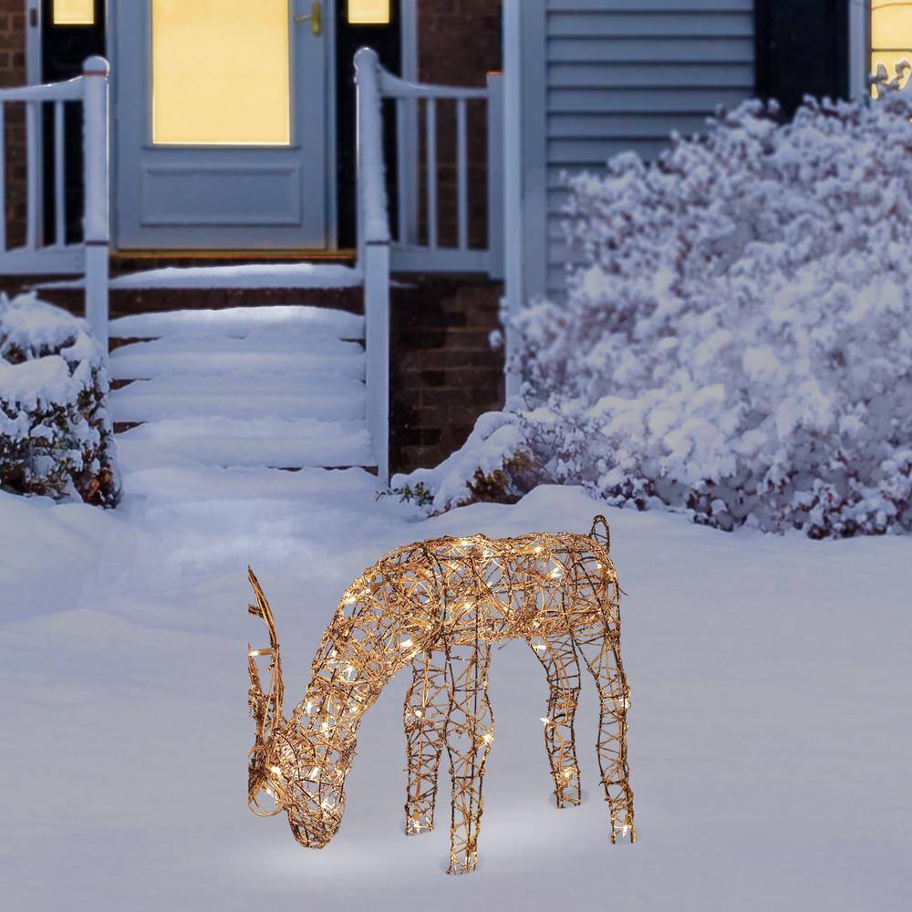 24 in. Tall Rattan Grazing Reindeer Decoration with Halogen Lights - Hercitys
