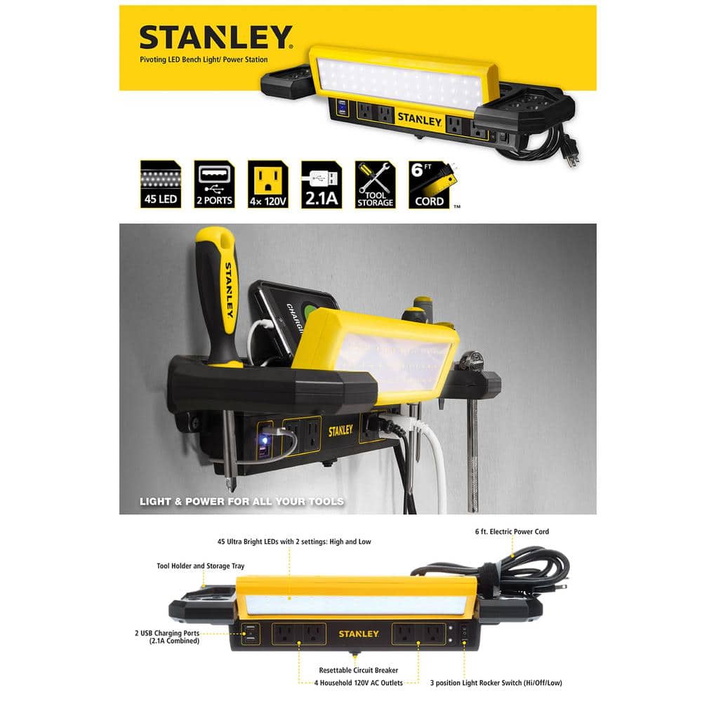 1000 Lumens Portable Work Bench Shop Light with AC and 2.1 Amp USB Power Strip Charging Ports - Hercitys