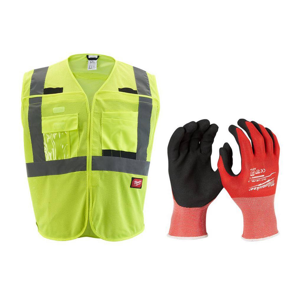 2X/3X-Large Yellow Class 2 Breakaway Mesh High Vis Safety Vest and Medium Red Nitrile Cut Level 1 Dipped Work Gloves - Hercitys