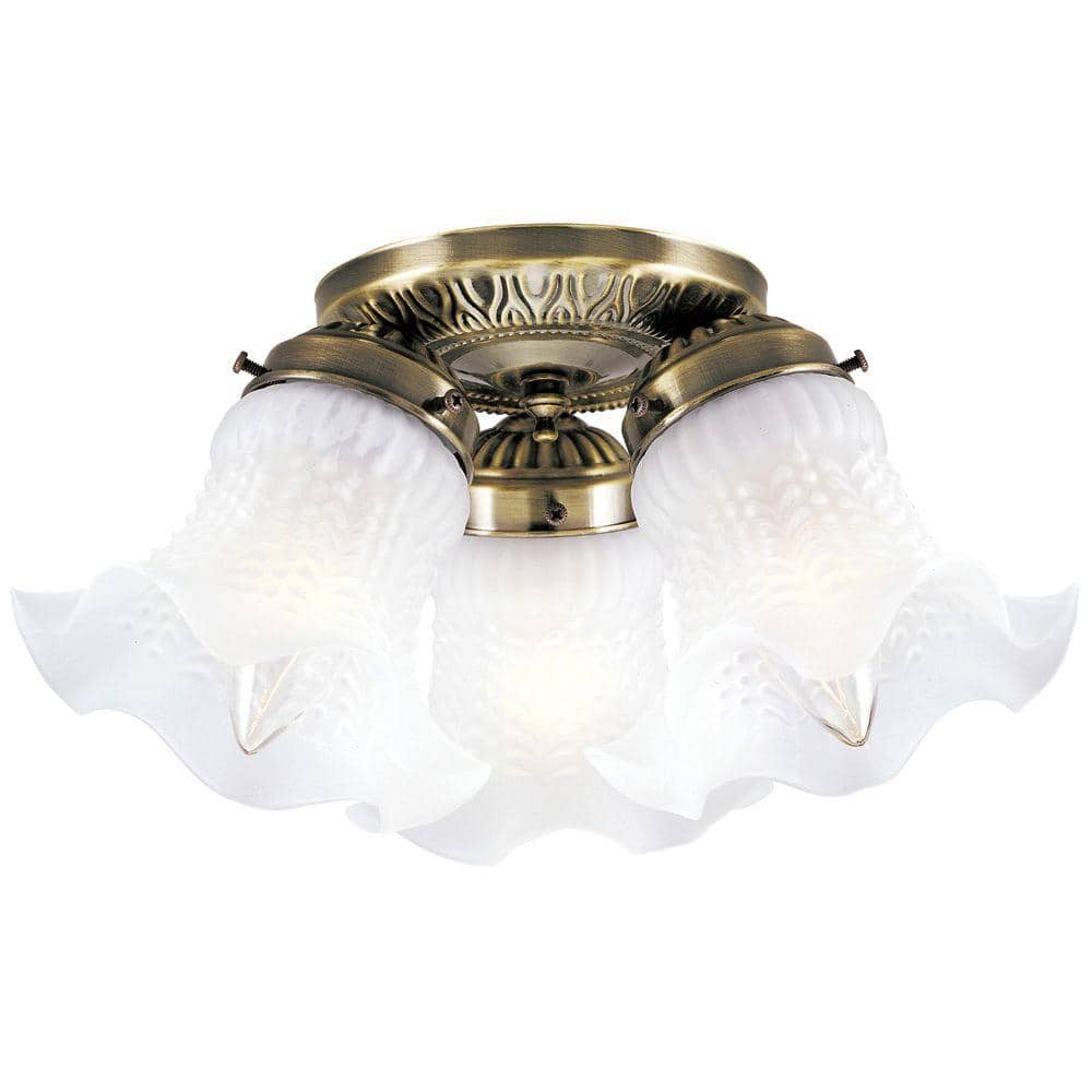 3-Light Ceiling Fixture Antique Brass Interior Flush-Mount with Frosted Ruffled Edge Glass - Hercitys