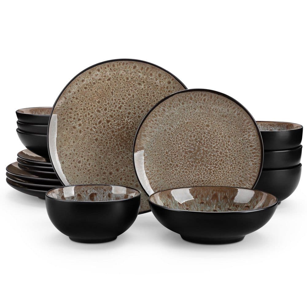 16-Piece Brown Stoneware Dinnerware Set (Service Set for 4) Bowls and Plates Dinner Set - Hercitys
