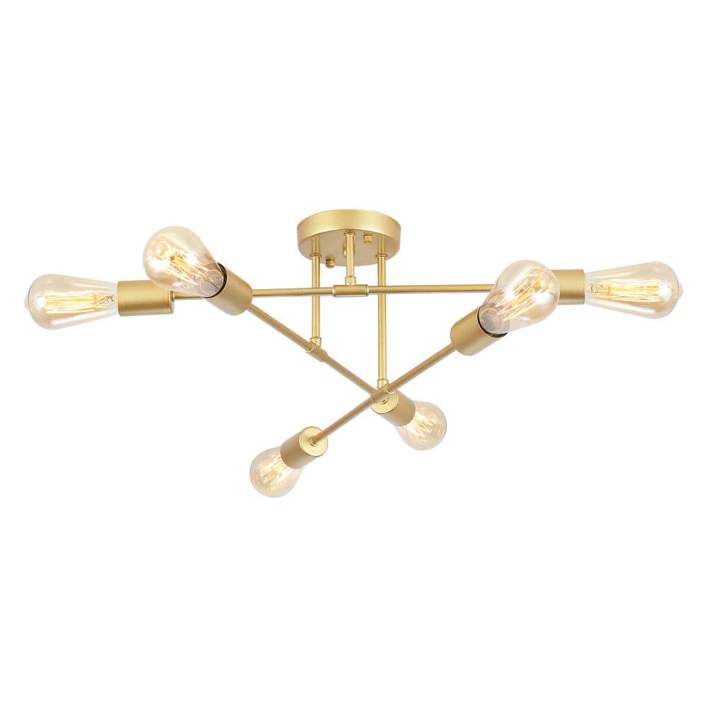 20.66 in. 6-Light Modern Gold Semi- Flush Mount for Bedroom Foyer with No Bulbs Included - Hercitys