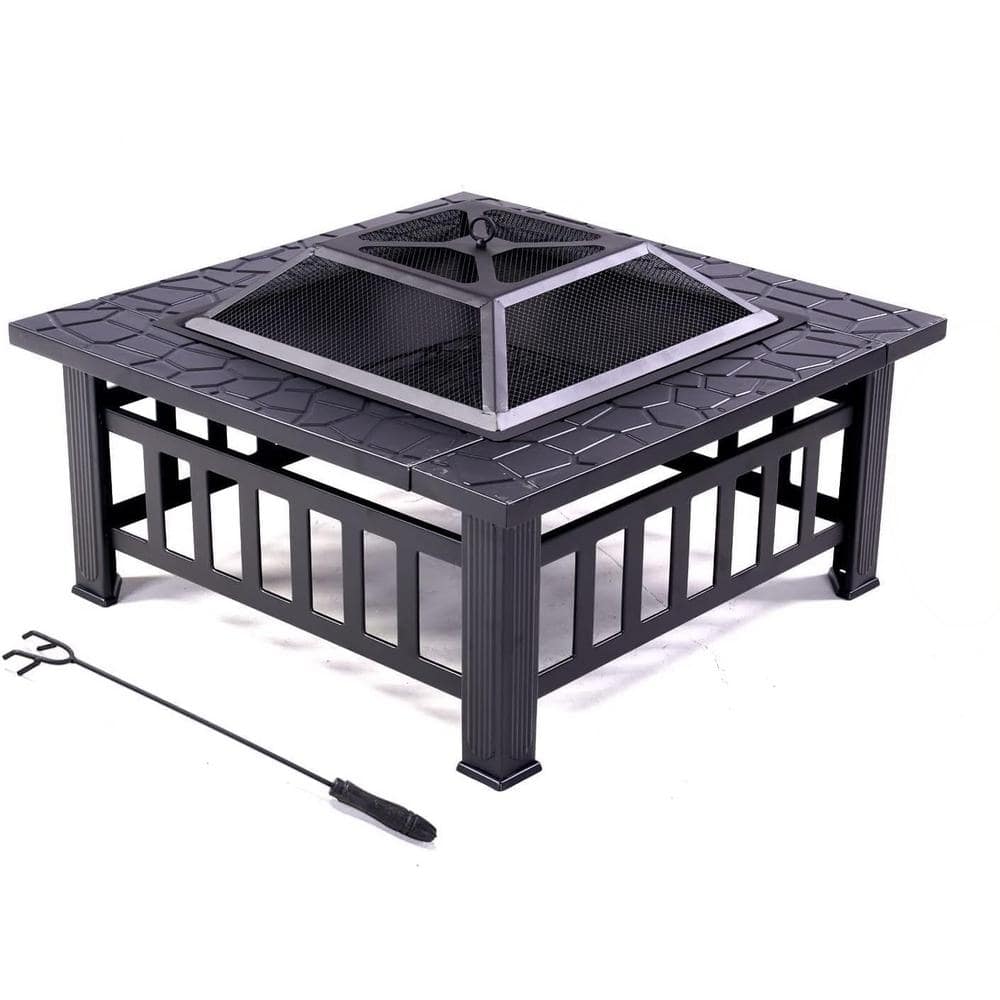 32 in. Outdoor Square Metal Wood Burning Fire Pit Table In Black - Hercitys