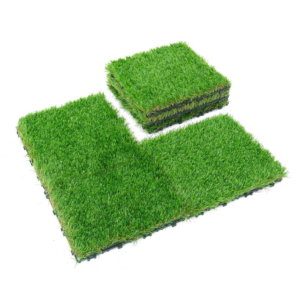 1 ft. x 1 ft. Green Artificial Grass Turf Tiles, Self-Draining Interlocking Faux Grass Pet Turf, Tile, Covers 6 sq. ft. - Hercitys